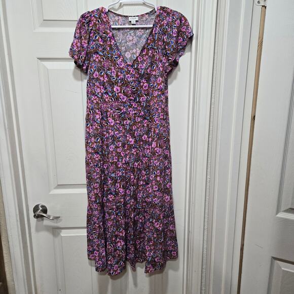 J.Crew Floral Tiered Midi Dress Size 10 Brown Pink Purple V-Neck - Picture 2 of 9